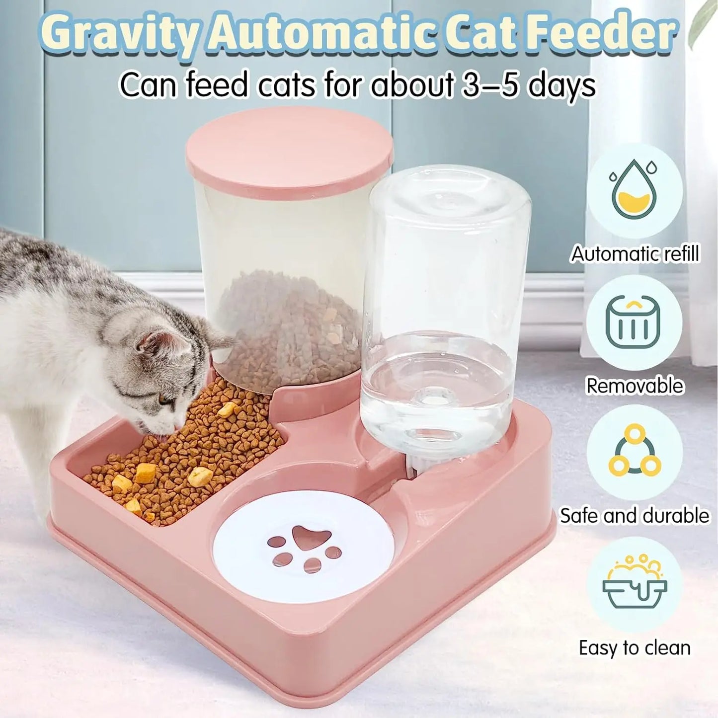 Automatic Cat Feeder Water Dispenser Set, 2 In 1 Tilted Automatic Pet Food And Water