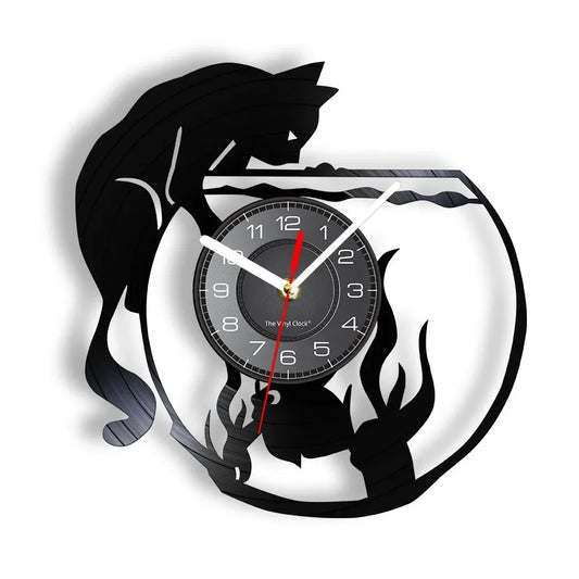 Cat Catching Fish Art Silent Quartz Wall Clock for Living Room Cat in Fish Bowl Vinyl 