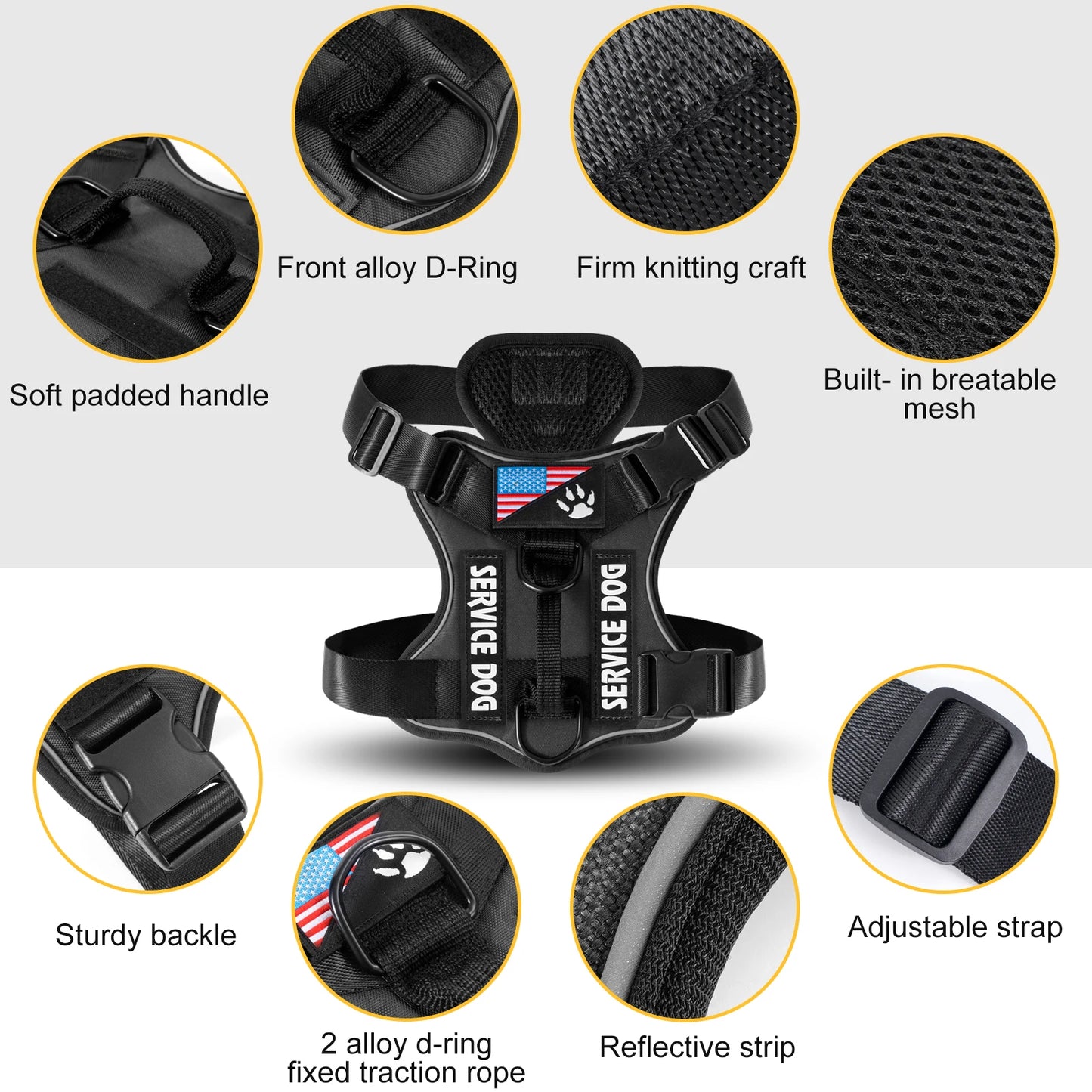 Service Dog Harness, Reflective Dog Vest Harness with 5 PCS Patches, Adjustable