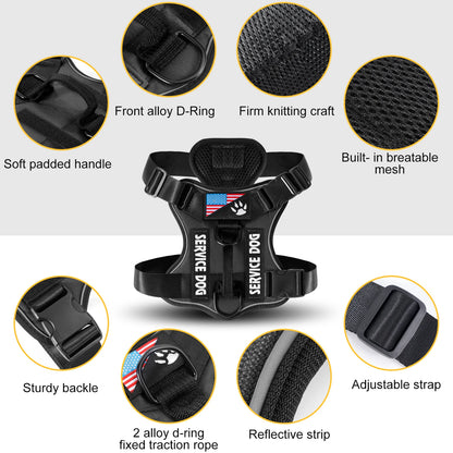 Service Dog Harness, Reflective Dog Vest Harness with 5 PCS Patches, Adjustable