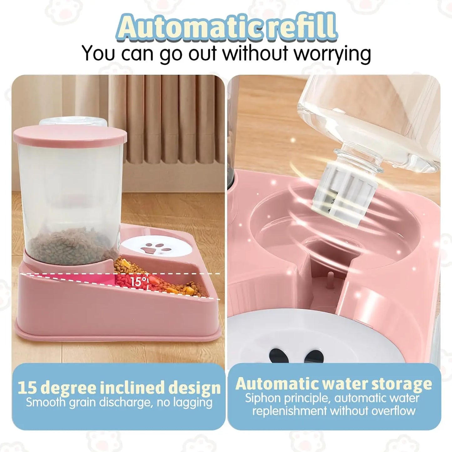 Automatic Cat Feeder Water Dispenser Set, 2 In 1 Tilted Automatic Pet Food And Water